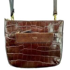Vintage Fossil Crossbody Bag Brown Croc-Embossed Leather Purse Classic Old Money